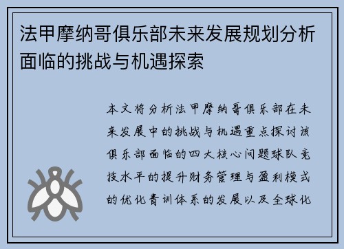 法甲摩纳哥俱乐部未来发展规划分析面临的挑战与机遇探索