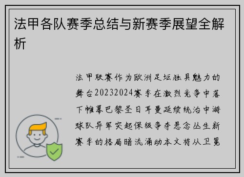 法甲各队赛季总结与新赛季展望全解析